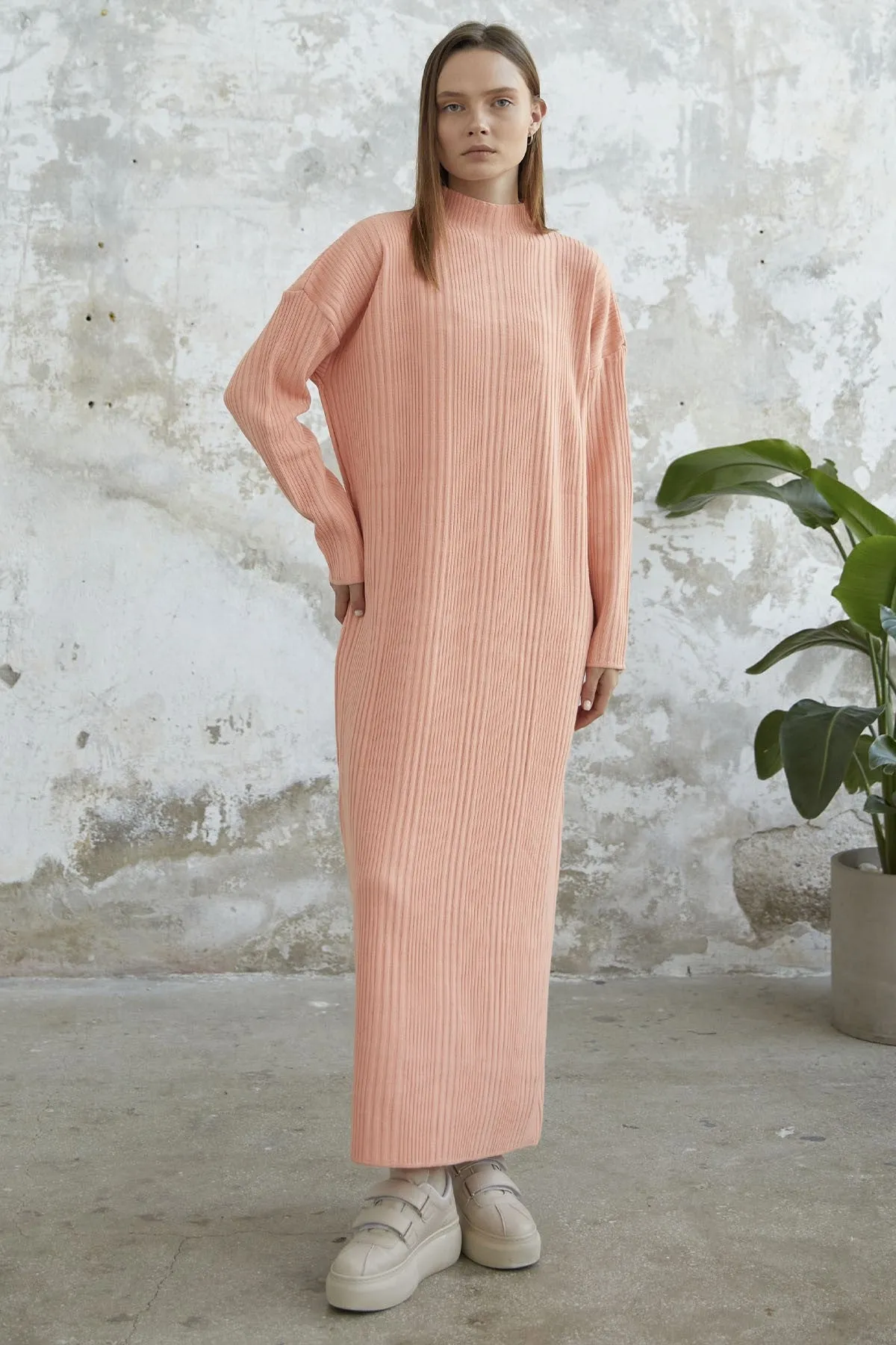 MDS Women Arissa Fisherman Collar Long Knit Dress - Salmon - Asheville