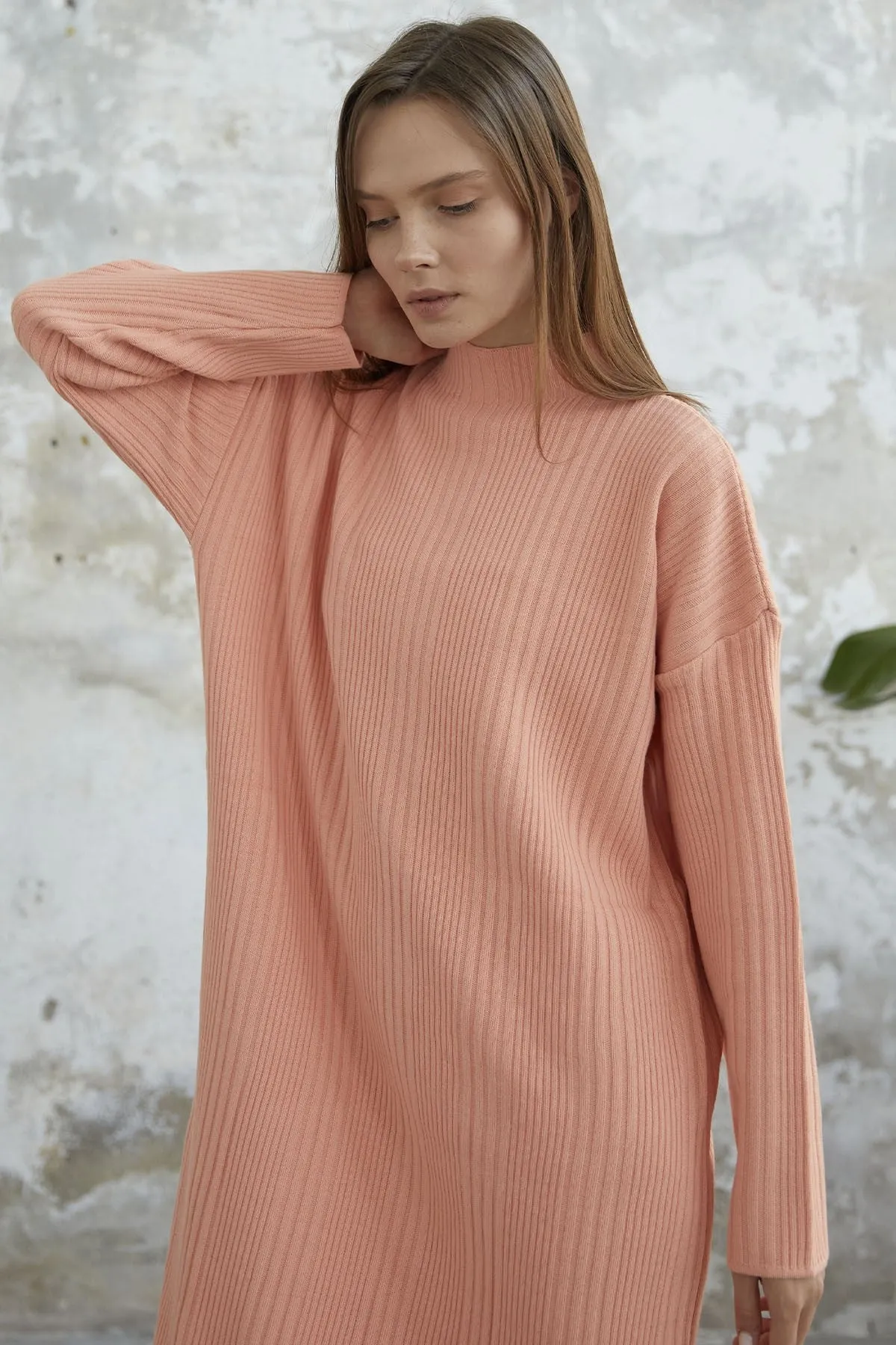 MDS Women Arissa Fisherman Collar Long Knit Dress - Salmon - Asheville