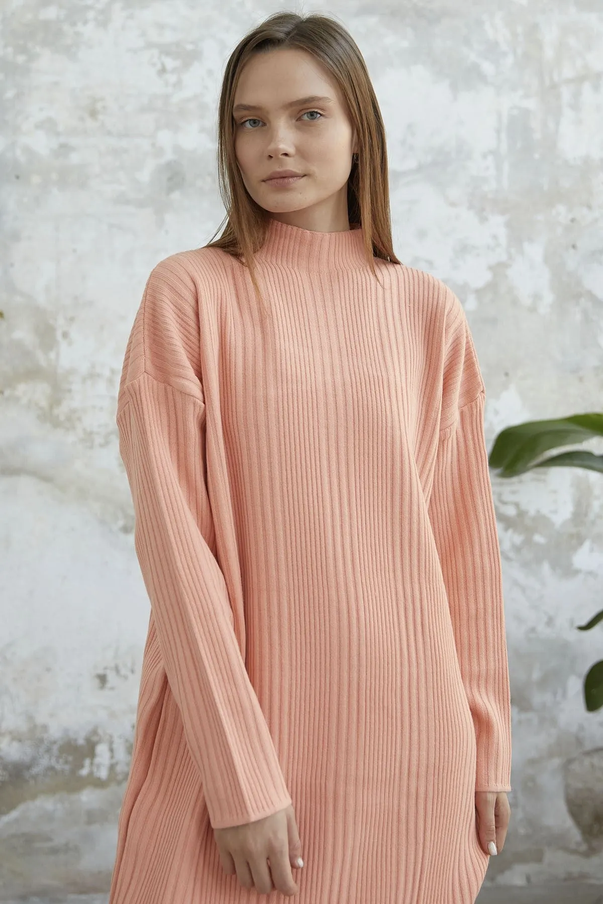 MDS Women Arissa Fisherman Collar Long Knit Dress - Salmon - Asheville