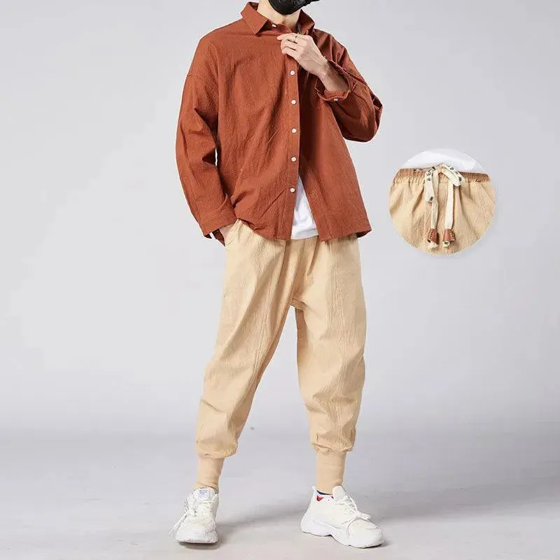 Men Baggy Pants Harem Pants for Men Solid Color Cotton Linen Hip Hop Japanese Style Pants Mens