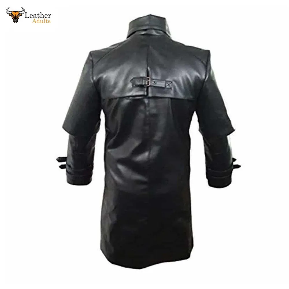 Mens Black Cowhide Leather Matrix Goth Trench Coat Gothic Trench Coat Steampunk T5 BLACK