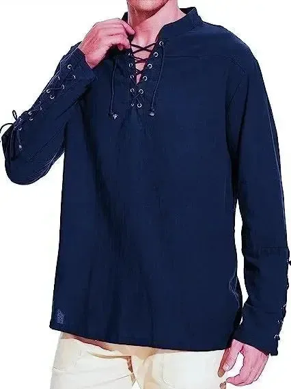 Men's Cotton Linen Lace-Up Shirt
