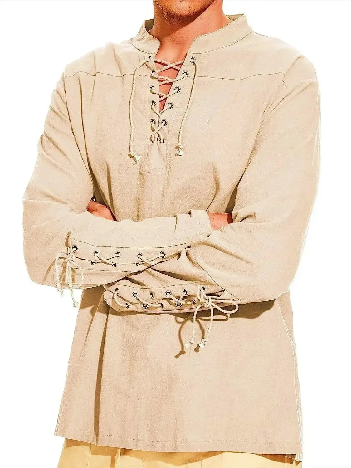 Men's Cotton Linen Lace-Up Shirt