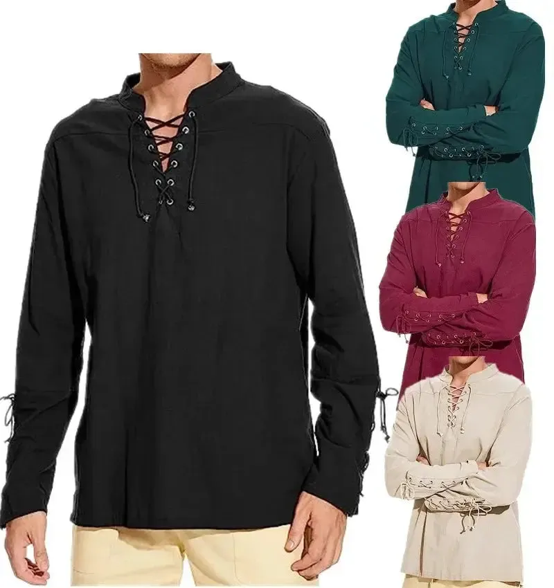 Men's Cotton Linen Lace-Up Shirt