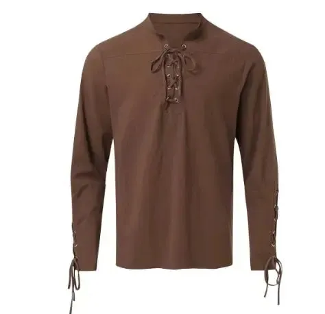 Men's Cotton Linen Lace-Up Shirt