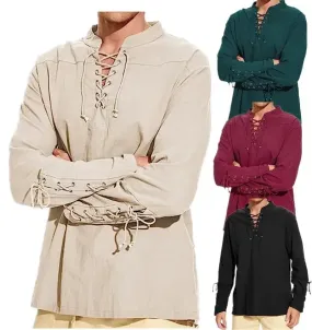 Men's Cotton Linen Lace-Up Shirt