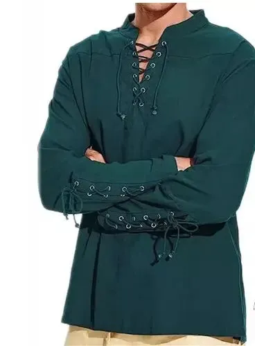 Men's Cotton Linen Lace-Up Shirt