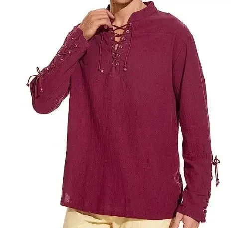 Men's Cotton Linen Lace-Up Shirt