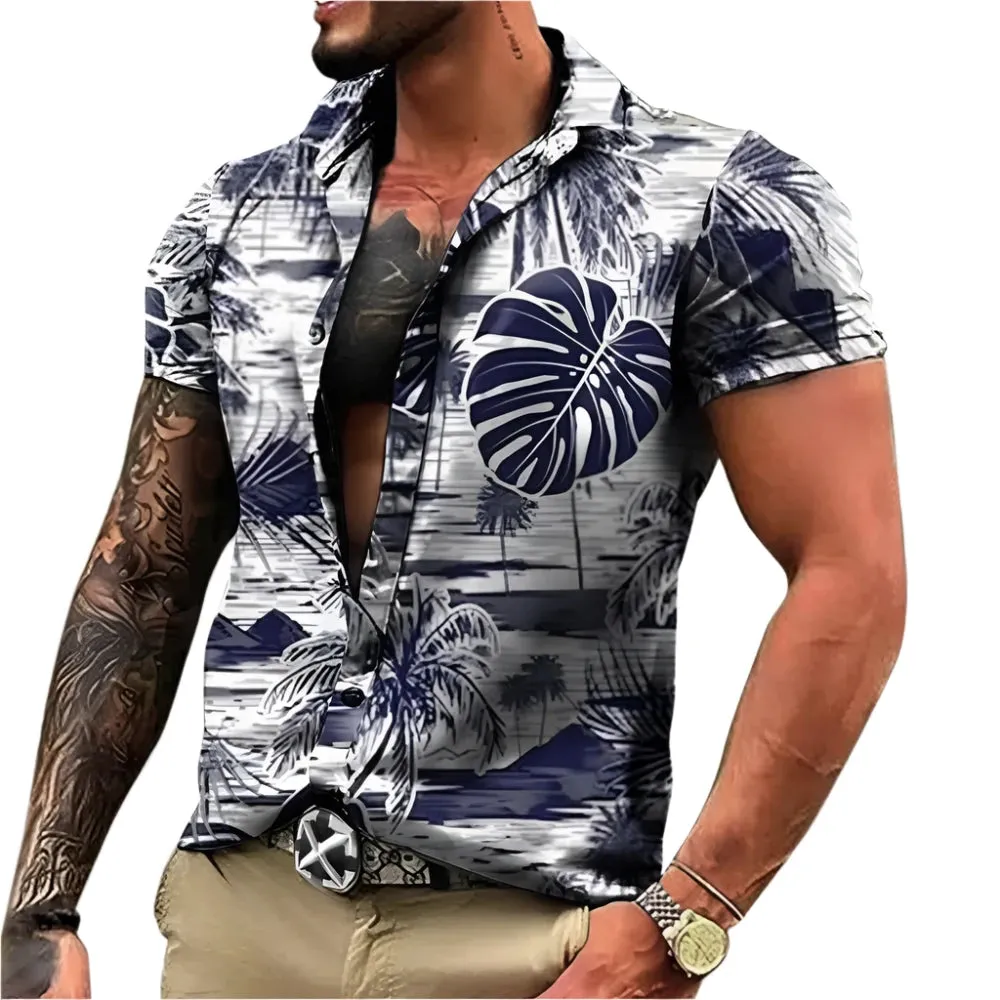 Men's Retro Hawaiian Floral T-Shirt – 3D Coconut & Tree Print Short Sleeve Beach Casual Shirt