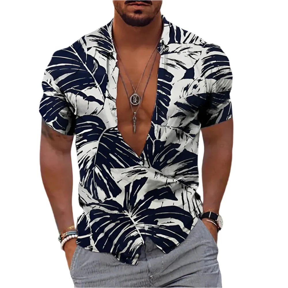 Men's Retro Hawaiian Floral T-Shirt – 3D Coconut & Tree Print Short Sleeve Beach Casual Shirt