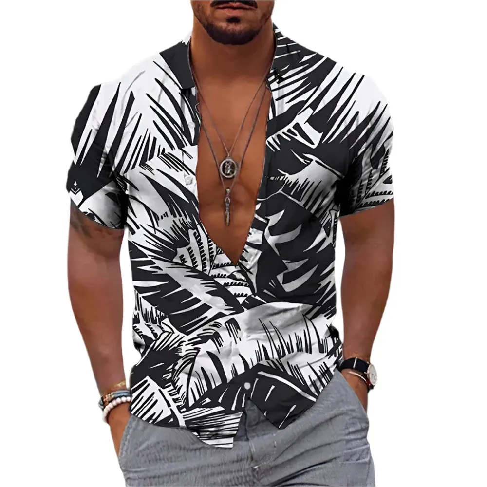 Men's Retro Hawaiian Floral T-Shirt – 3D Coconut & Tree Print Short Sleeve Beach Casual Shirt