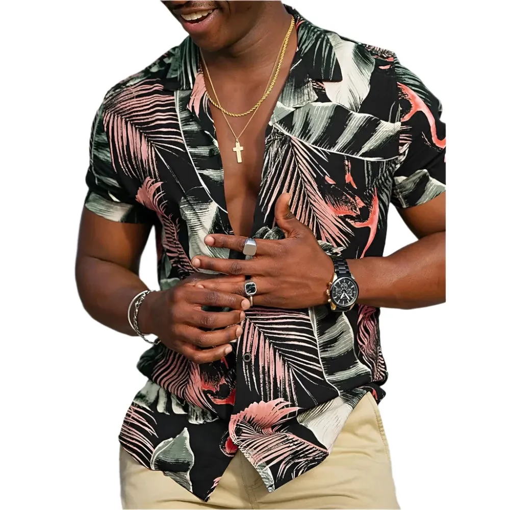 Men's Retro Hawaiian Floral T-Shirt – 3D Coconut & Tree Print Short Sleeve Beach Casual Shirt