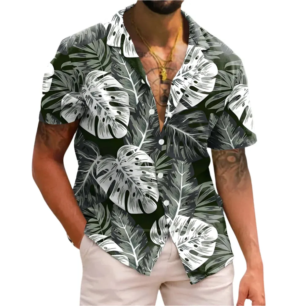 Men's Retro Hawaiian Floral T-Shirt – 3D Coconut & Tree Print Short Sleeve Beach Casual Shirt