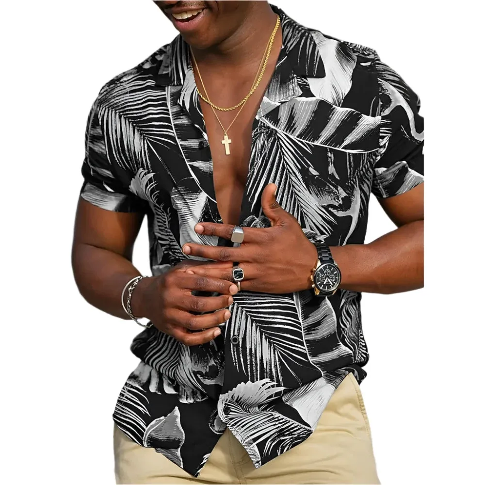 Men's Retro Hawaiian Floral T-Shirt – 3D Coconut & Tree Print Short Sleeve Beach Casual Shirt