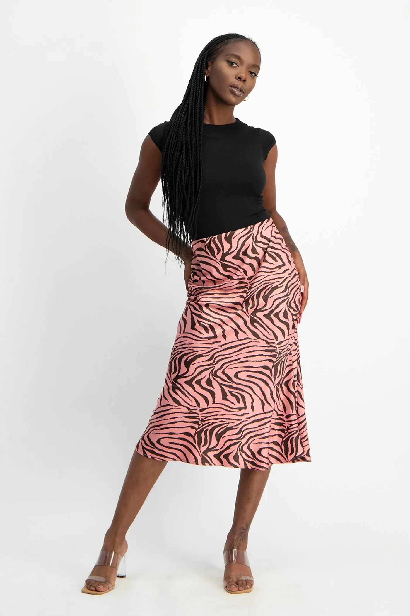 Natalie Satin Midi Skirt - Pink Zebra Print