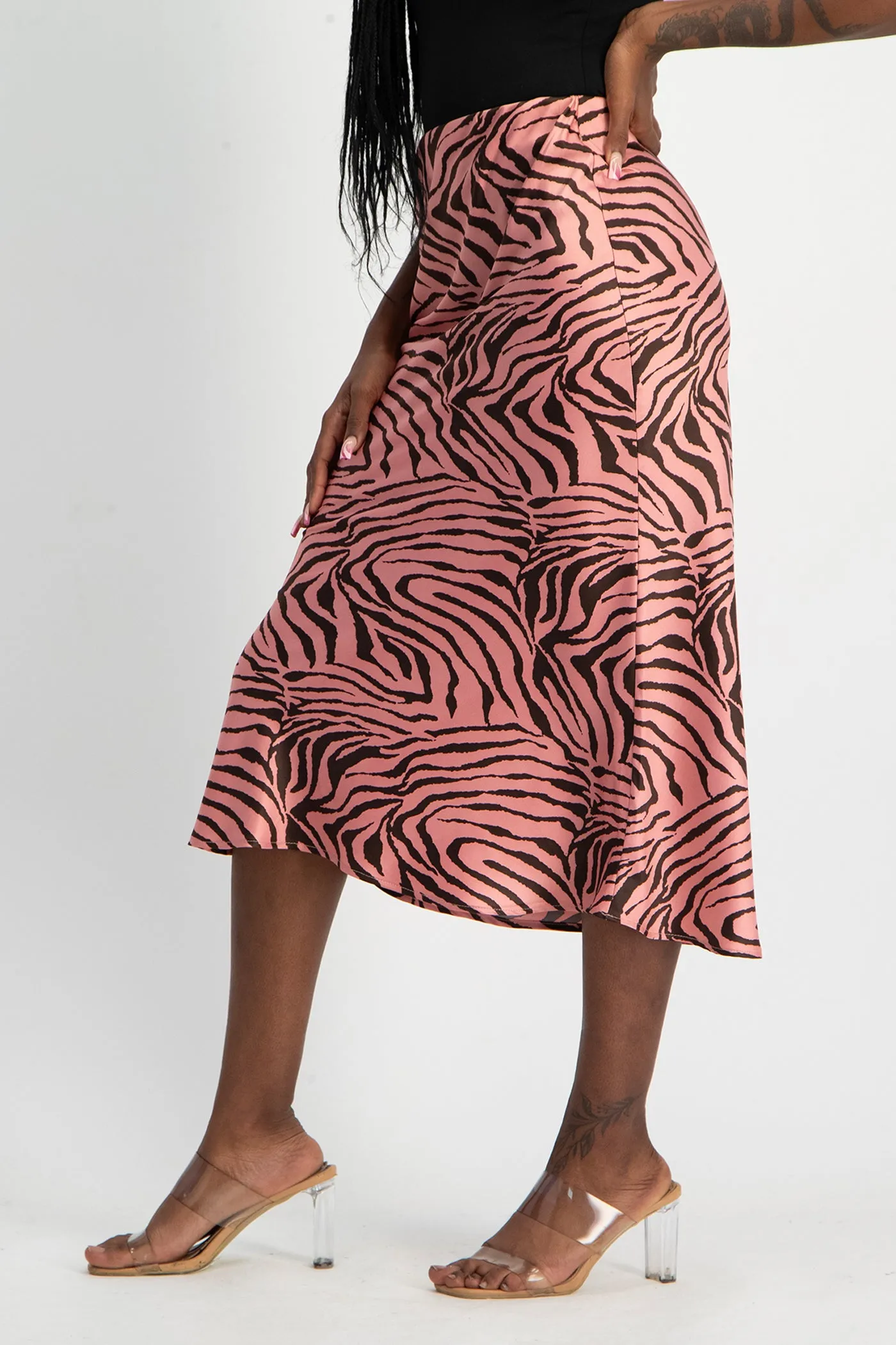 Natalie Satin Midi Skirt - Pink Zebra Print