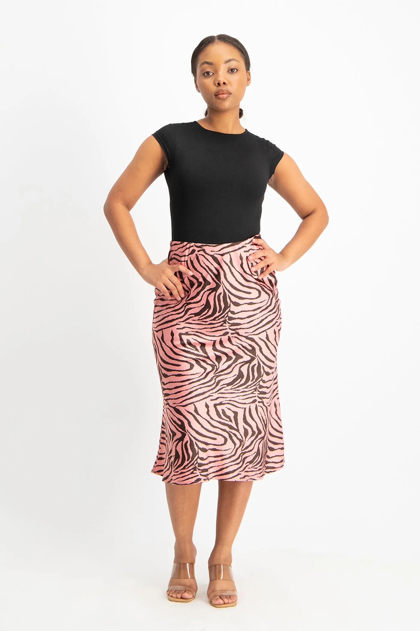Natalie Satin Midi Skirt - Pink Zebra Print