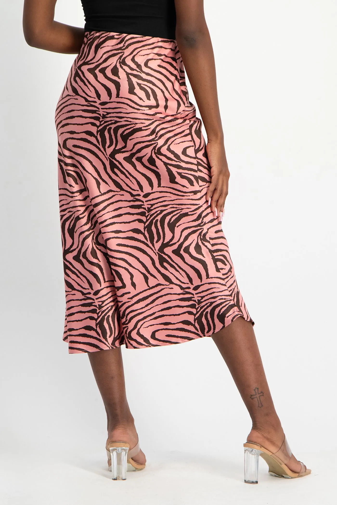 Natalie Satin Midi Skirt - Pink Zebra Print