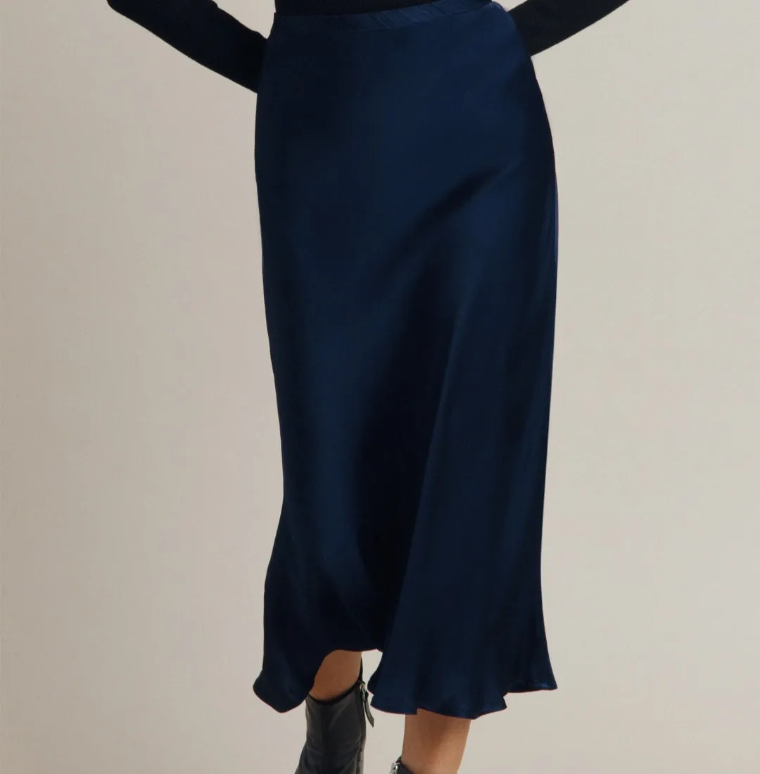Navy Bias Cut Satin Skirt