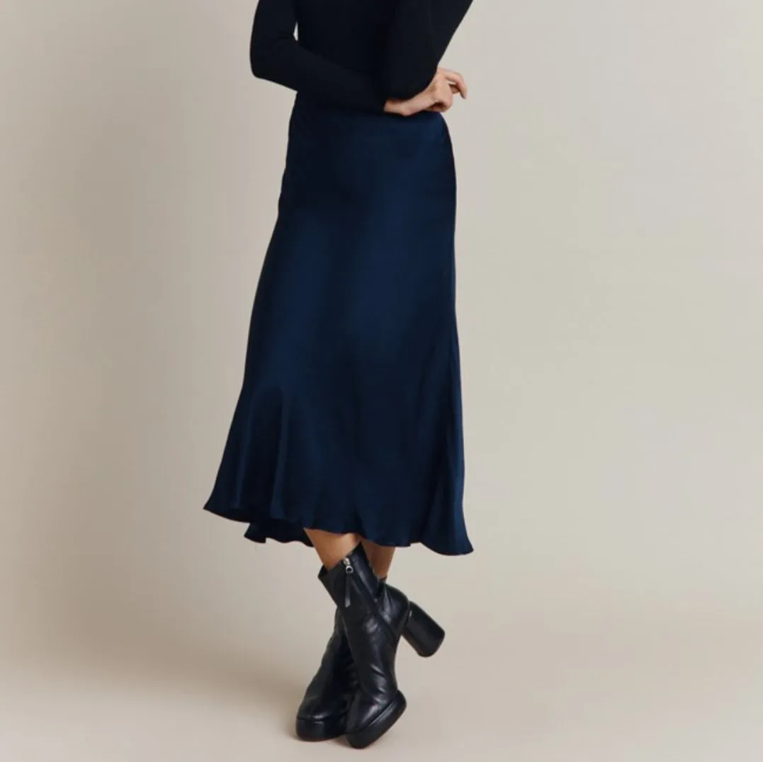 Navy Bias Cut Satin Skirt