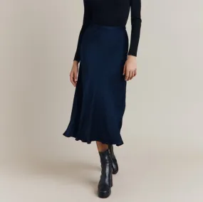 Navy Bias Cut Satin Skirt