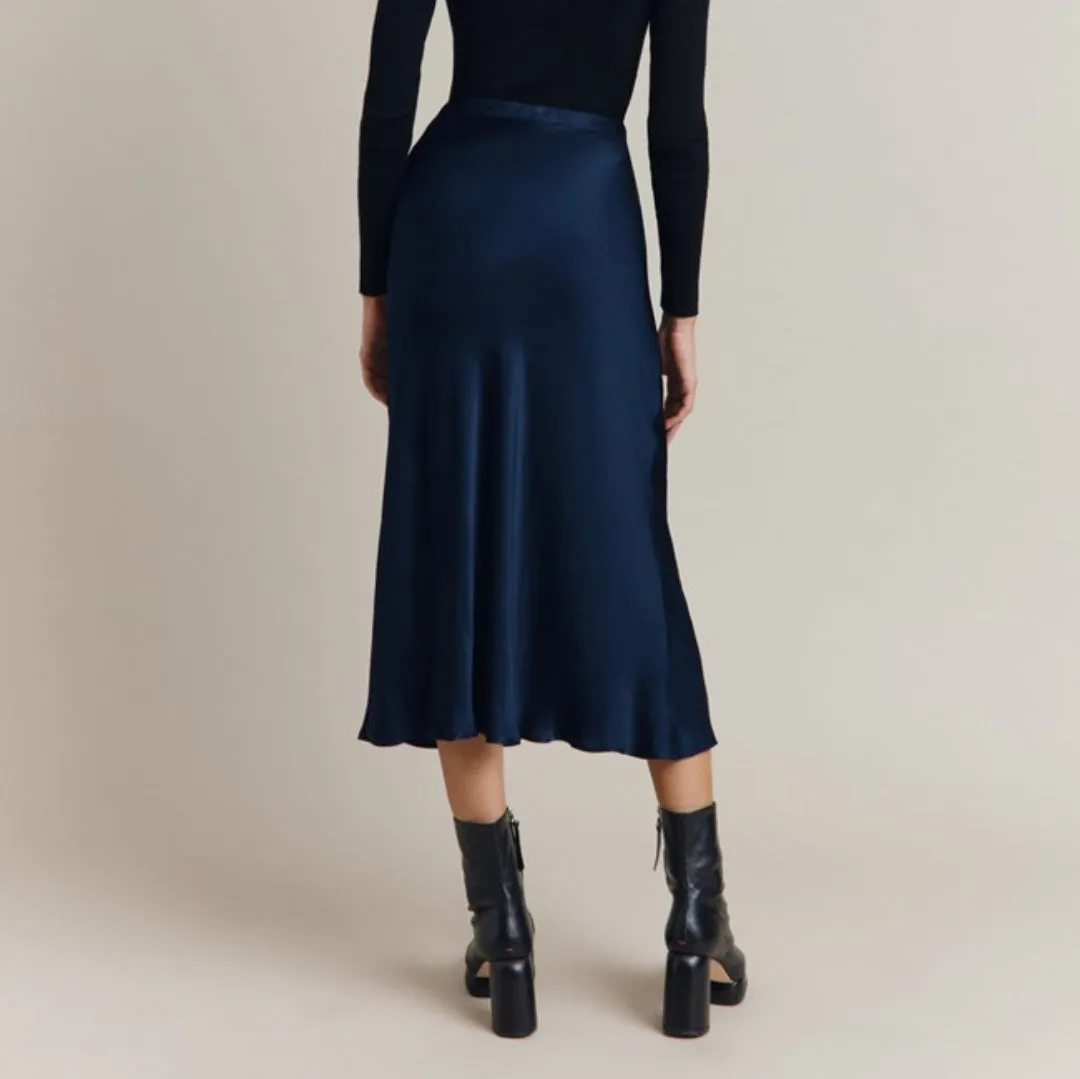 Navy Bias Cut Satin Skirt