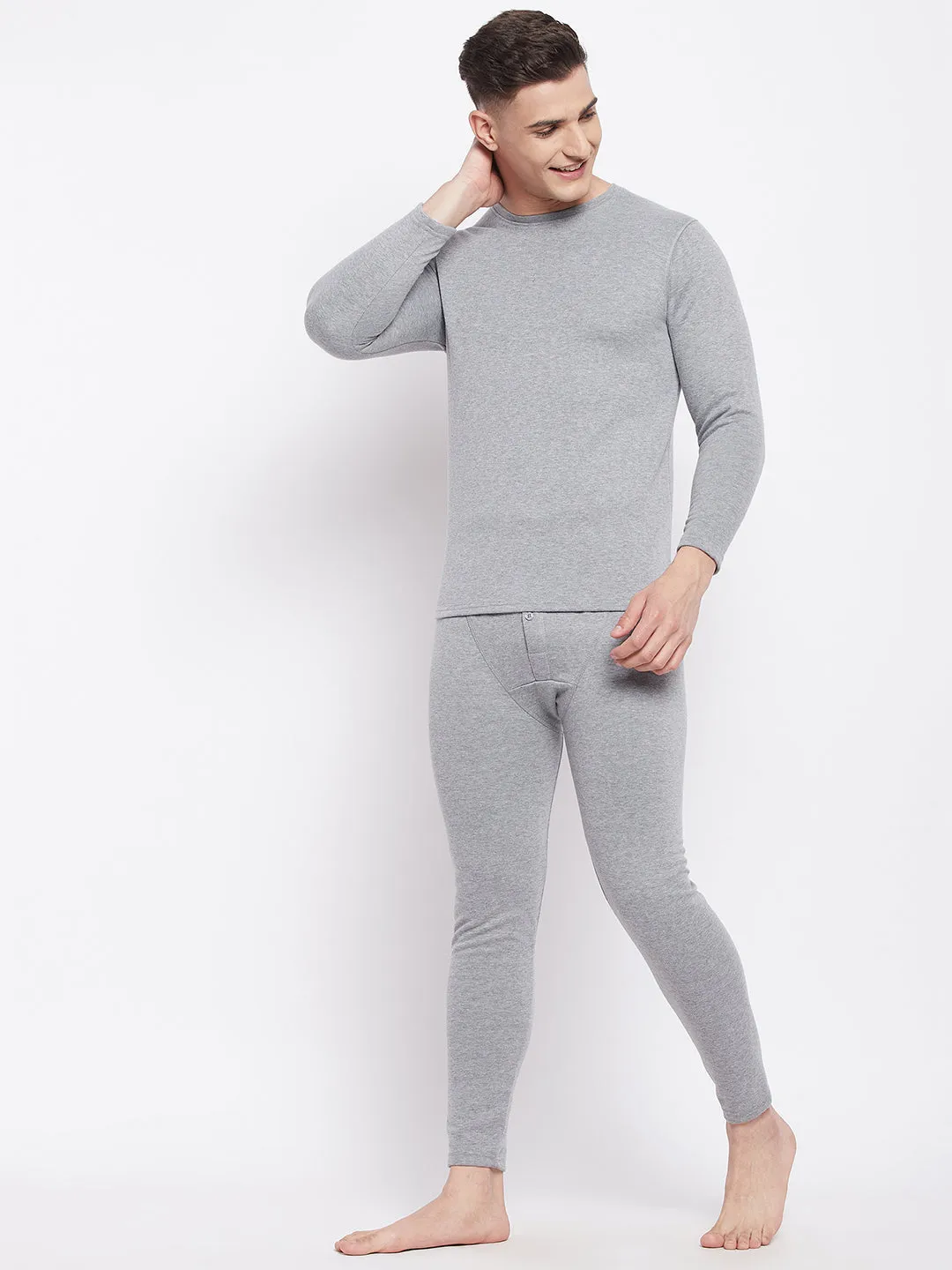 Neva Men Round Neck Full Sleeve Thermal Upper & Bottom Set- Milange Grey (Glaccia)