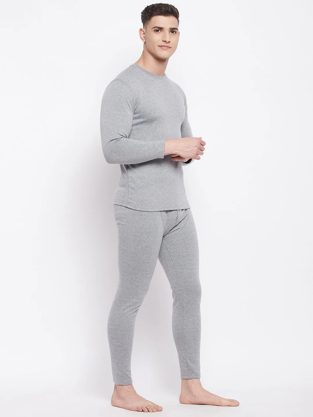 Neva Men Round Neck Full Sleeve Thermal Upper & Bottom Set- Milange Grey (Glaccia)