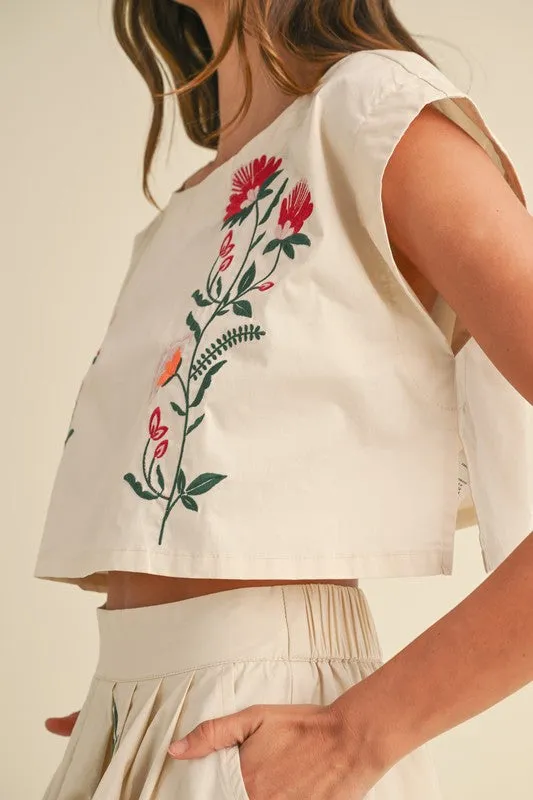 NEWEST ARRIVAL *ONLY ONLINE* Cream Floral Embroidered Midi Skirt Set