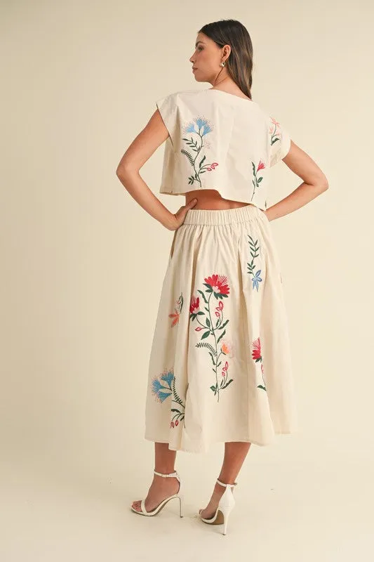 NEWEST ARRIVAL *ONLY ONLINE* Cream Floral Embroidered Midi Skirt Set