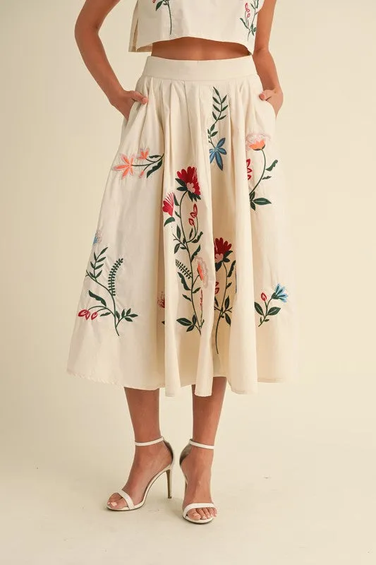 NEWEST ARRIVAL *ONLY ONLINE* Cream Floral Embroidered Midi Skirt Set