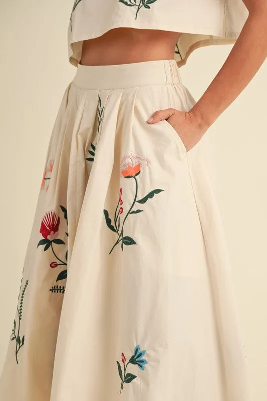 NEWEST ARRIVAL *ONLY ONLINE* Cream Floral Embroidered Midi Skirt Set