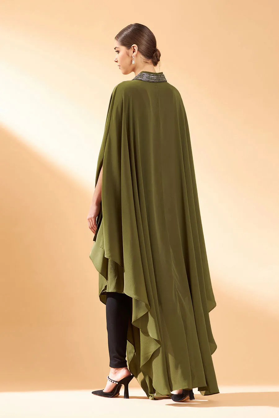 Olive Metallic Embroidery Kaftan Tunic