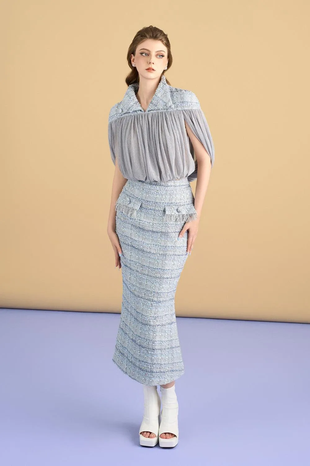 Ophelia Trumpet Flap Pocket Tweed Midi Skirt