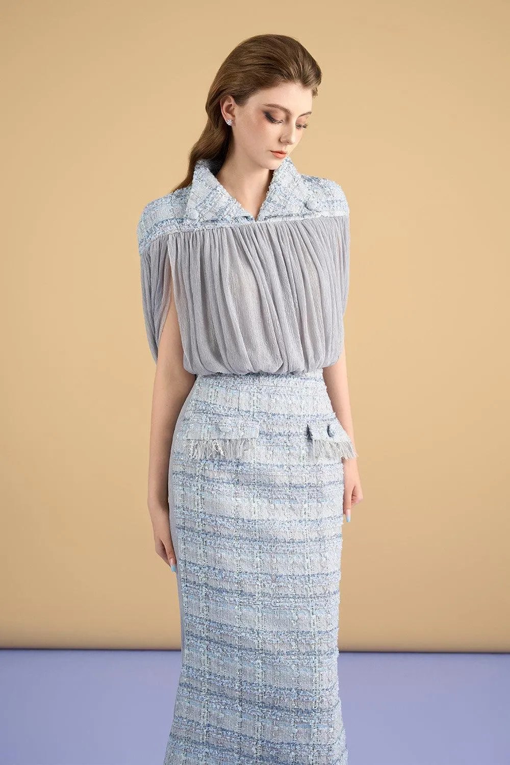 Ophelia Trumpet Flap Pocket Tweed Midi Skirt