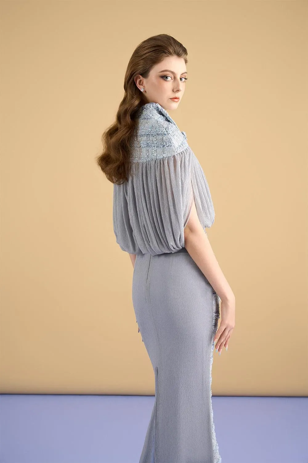 Ophelia Trumpet Flap Pocket Tweed Midi Skirt