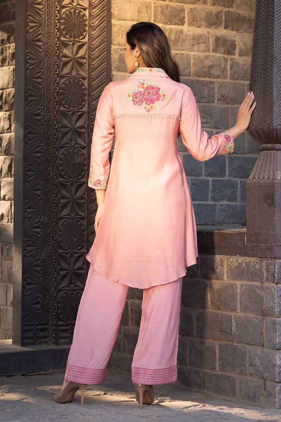 Peach Embroidered High-Low Tunic & Pant Set