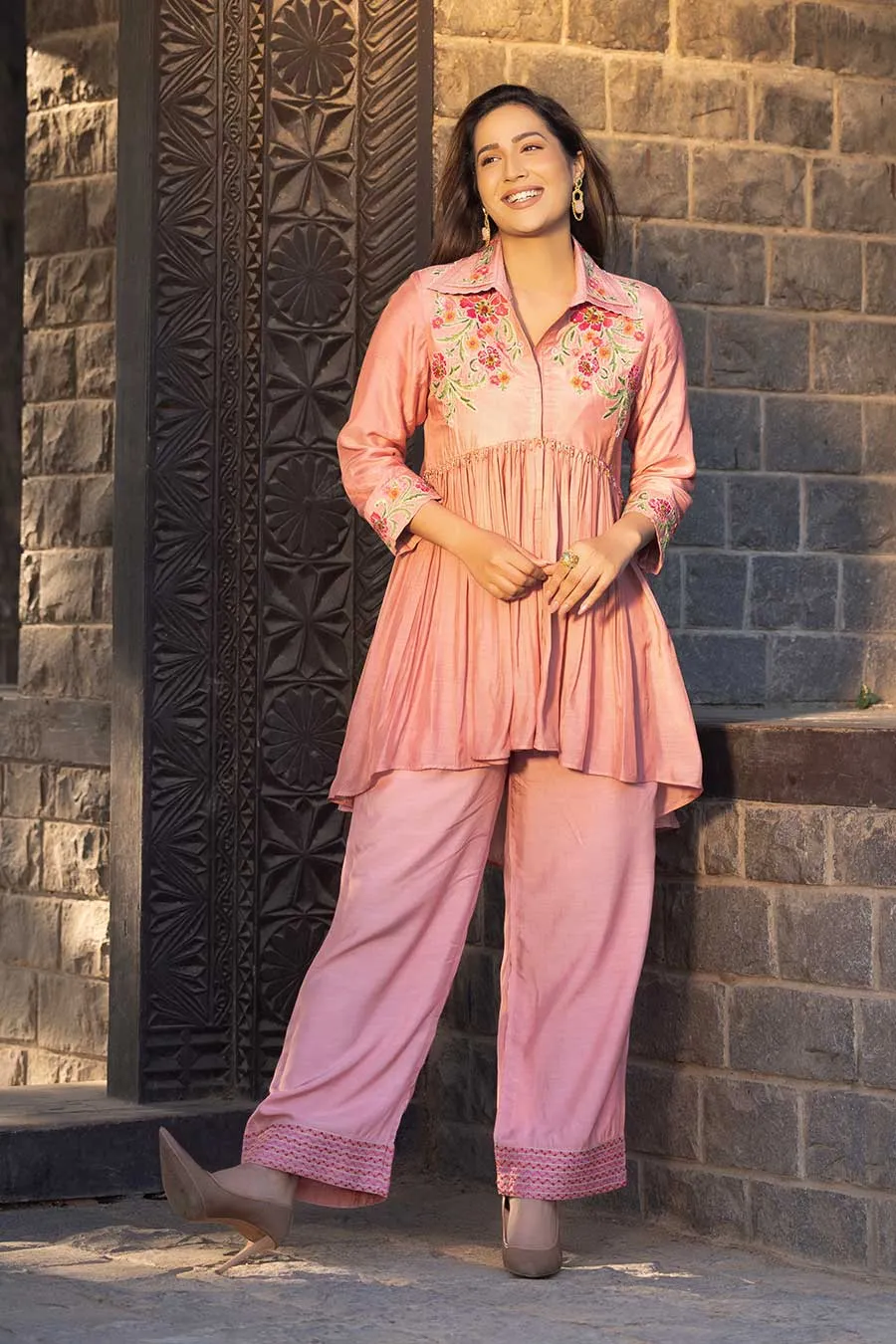 Peach Embroidered High-Low Tunic & Pant Set