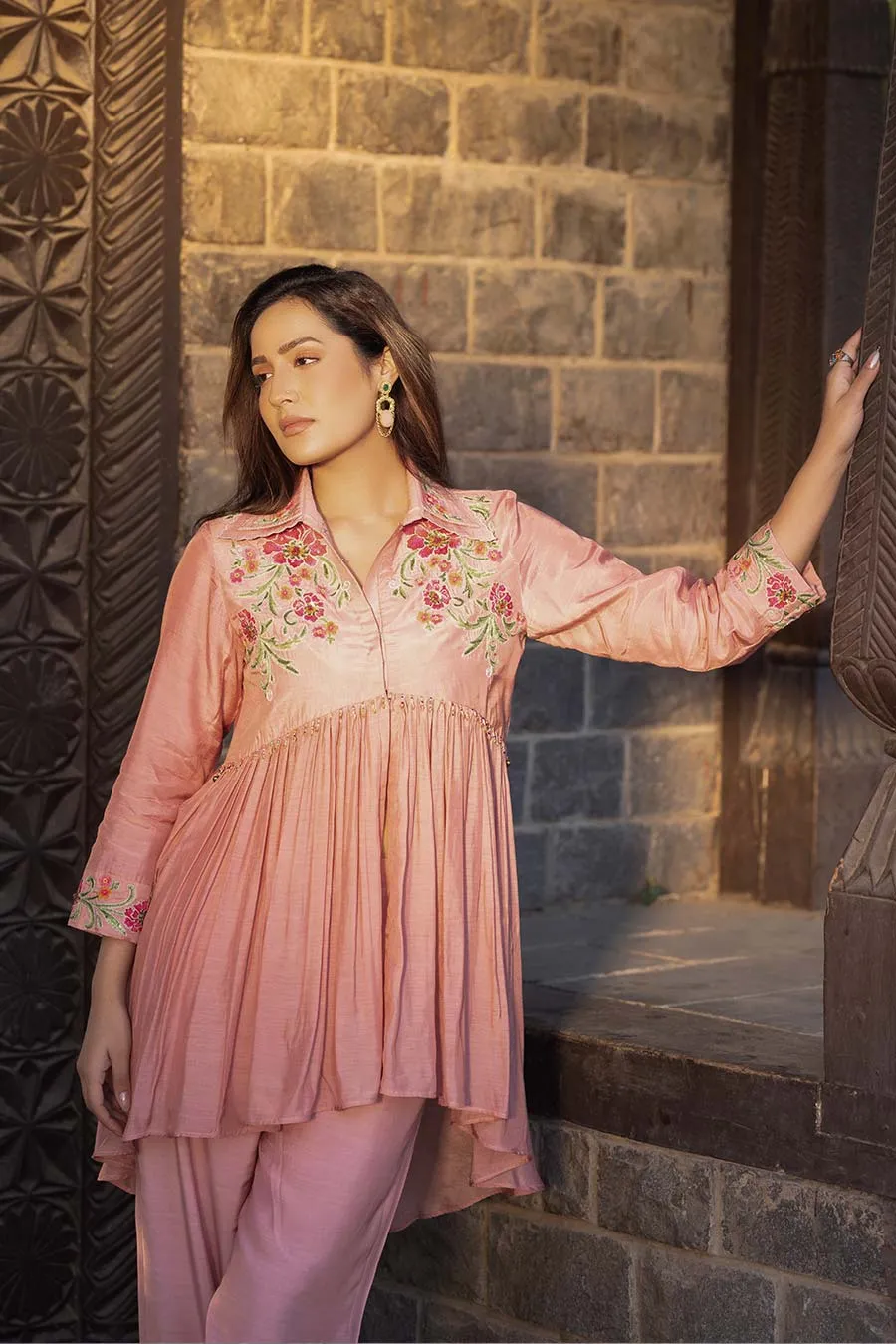 Peach Embroidered High-Low Tunic & Pant Set