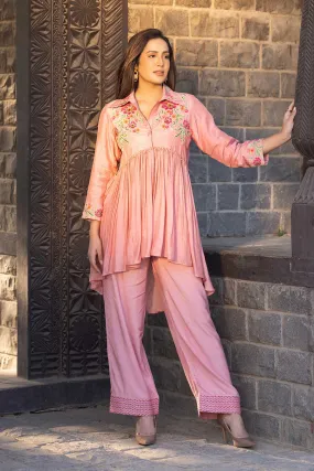 Peach Embroidered High-Low Tunic & Pant Set