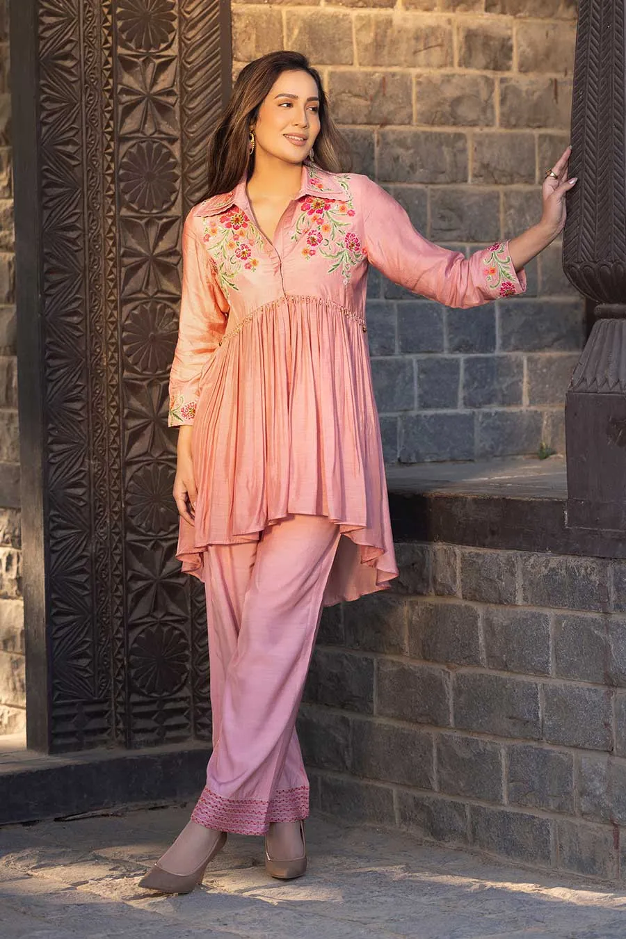 Peach Embroidered High-Low Tunic & Pant Set