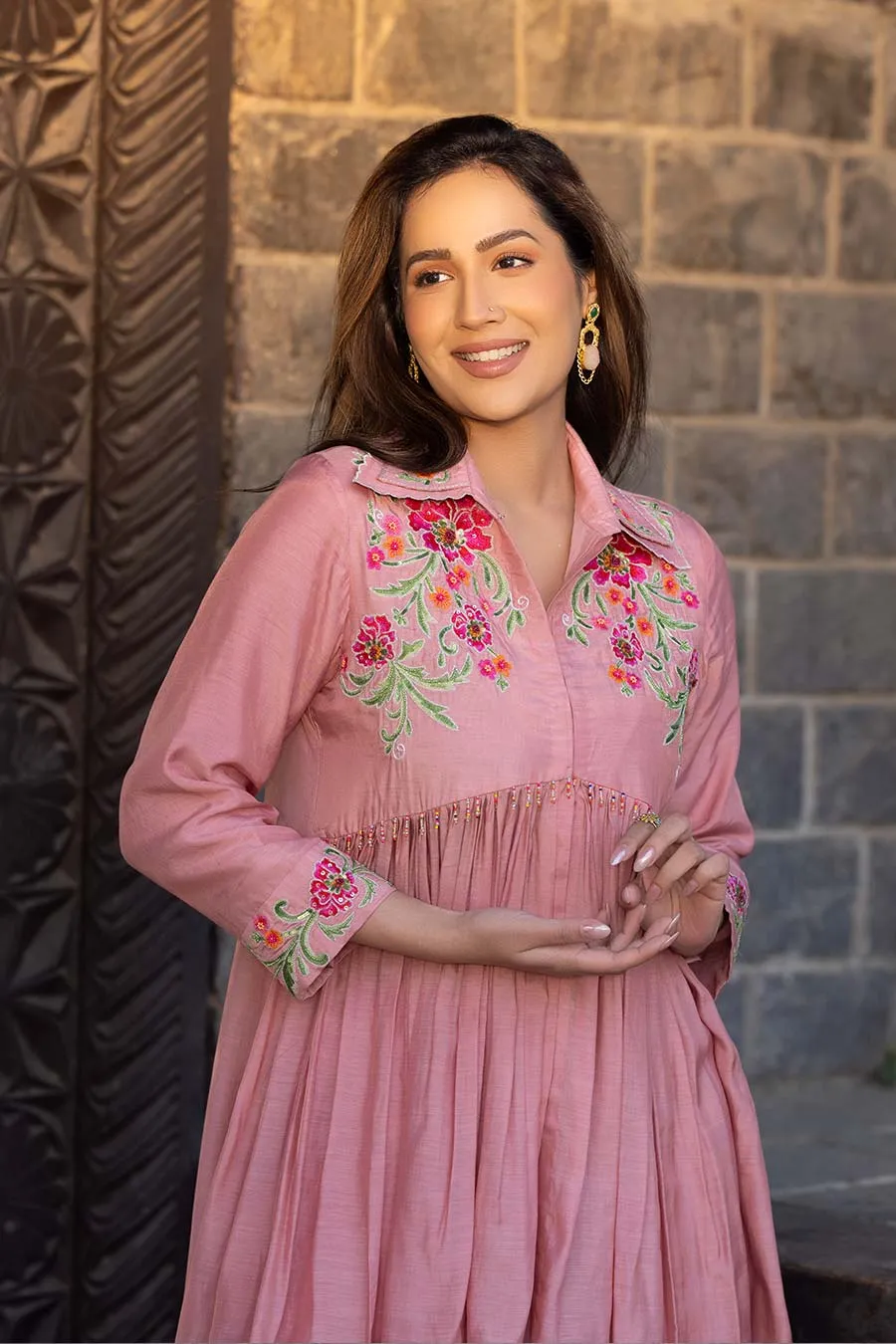 Peach Embroidered High-Low Tunic & Pant Set