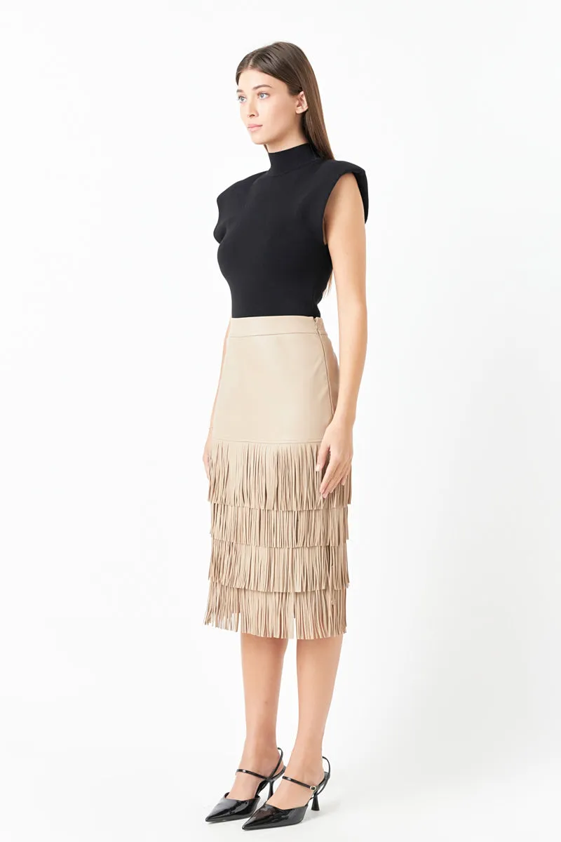 PU Fringe Midi Skirt