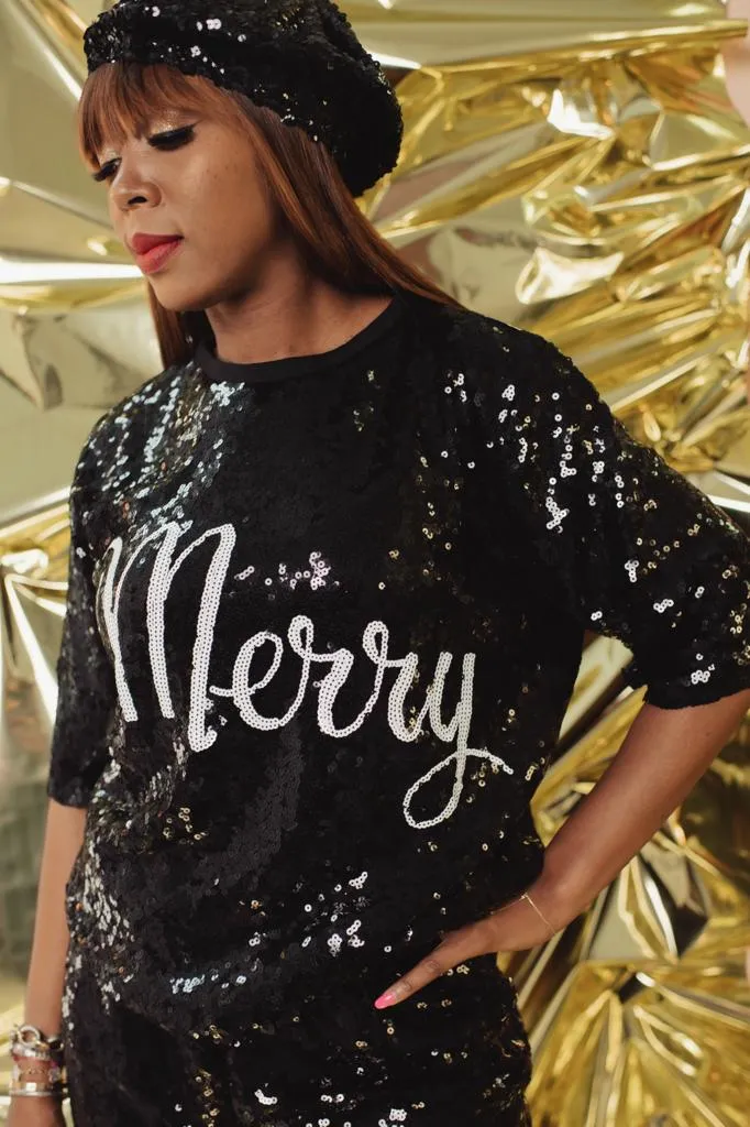 "Merry" Black Sequins Tunic Top