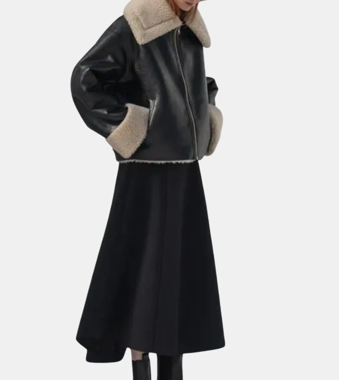 Reign Women's Shearling Collar Black Bomber Leather Jacket