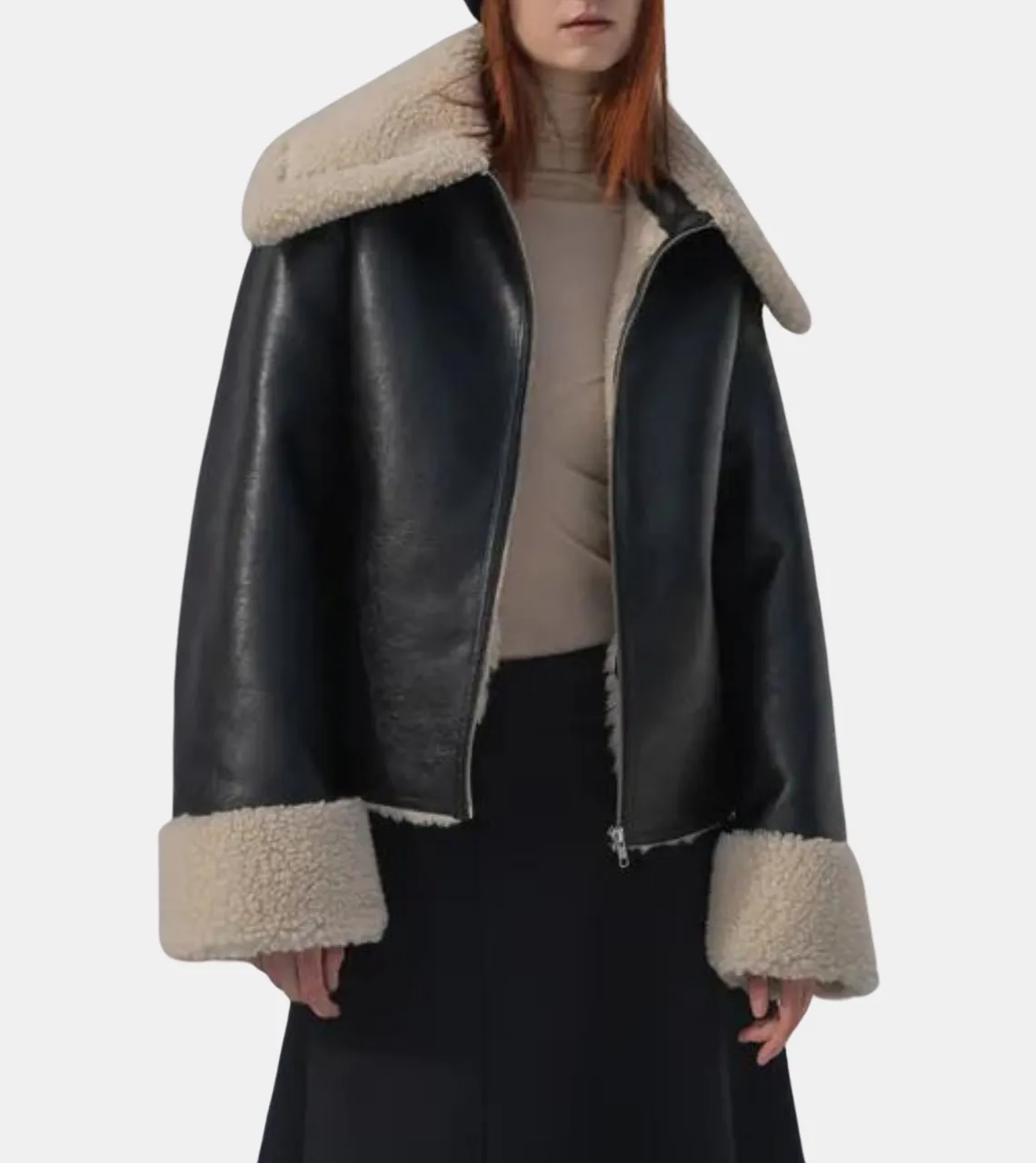 Reign Women's Shearling Collar Black Bomber Leather Jacket