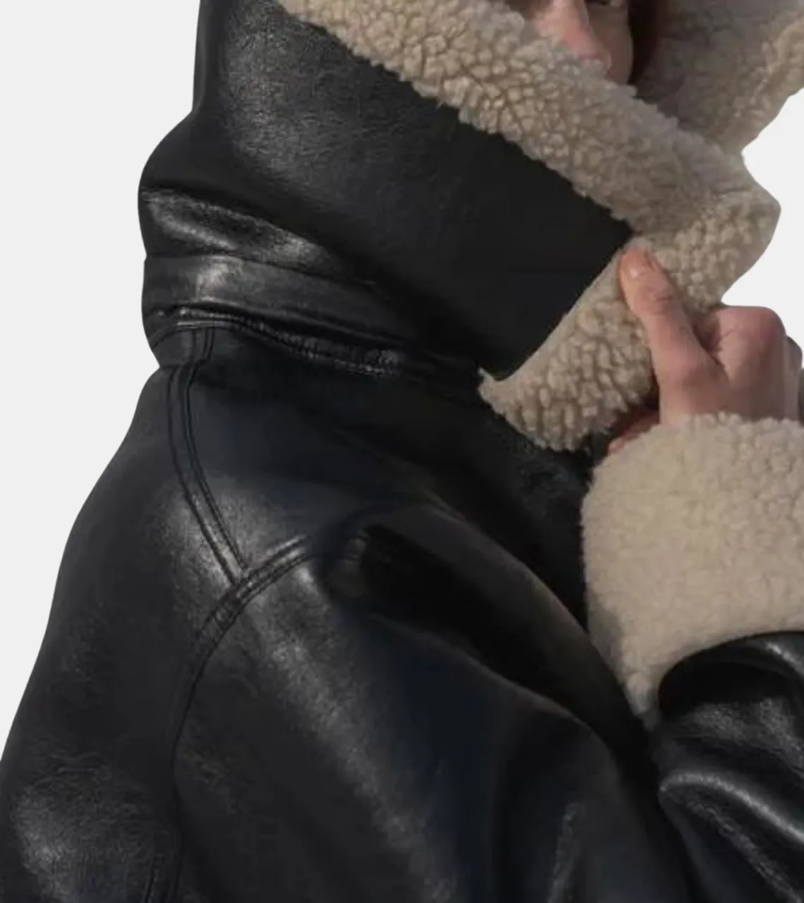 Reign Women's Shearling Collar Black Bomber Leather Jacket