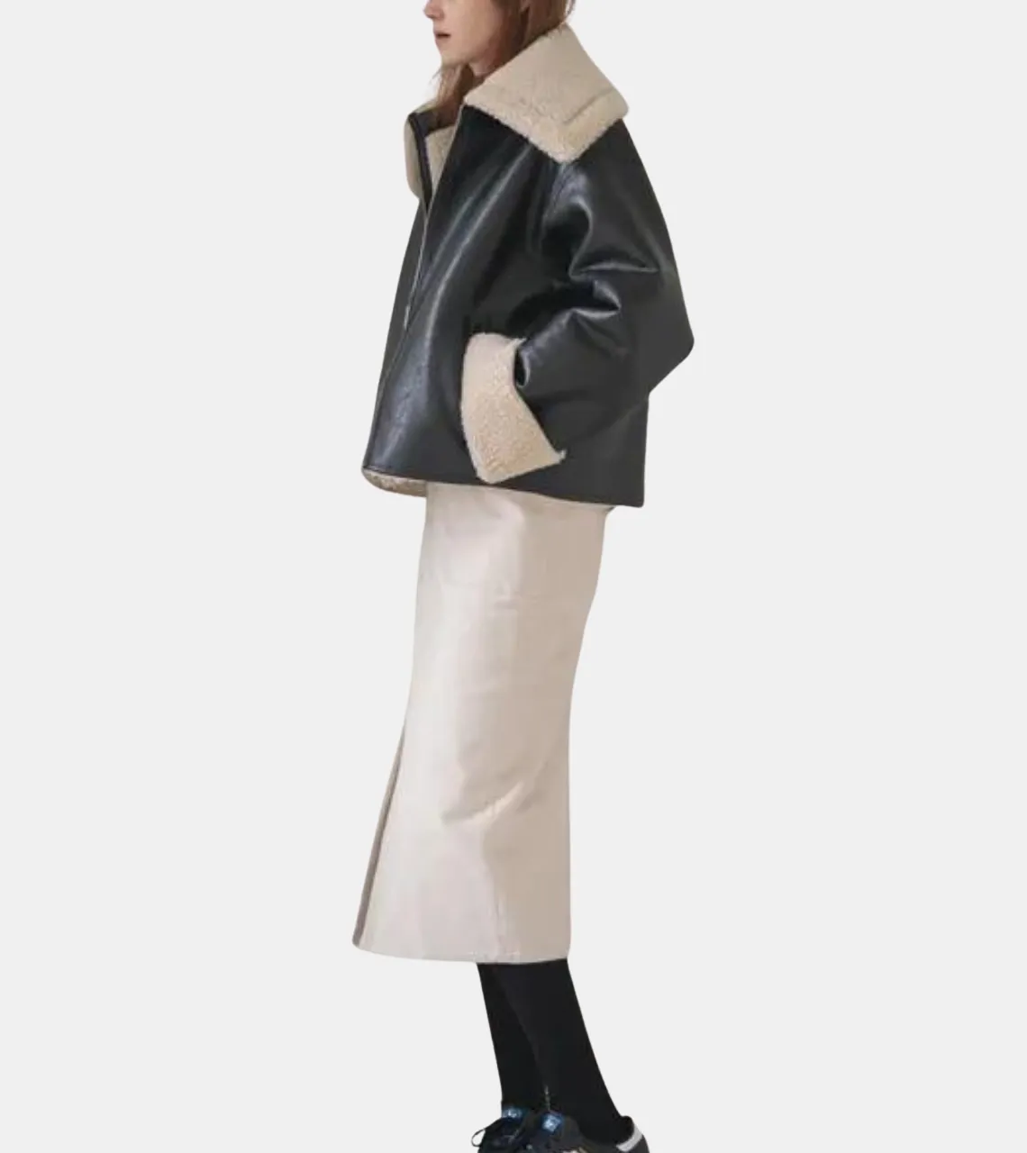 Reign Women's Shearling Collar Black Bomber Leather Jacket