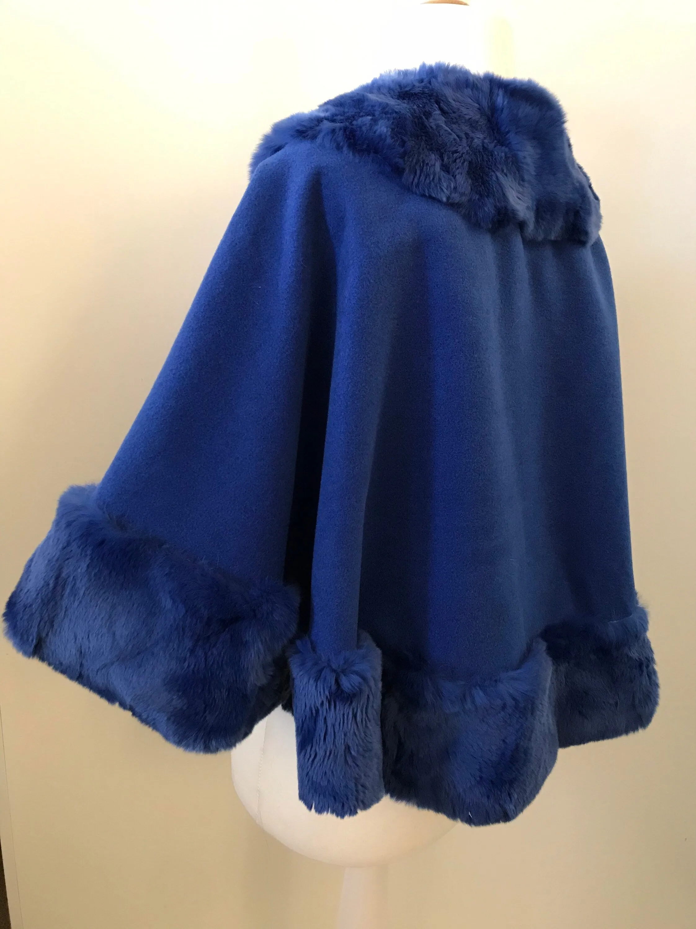 Royal Blue Women Winter Coat Cape Trim Rabbit Fur, Winter Women's Poncho Jacket lined, Warm Elegant Women's coat