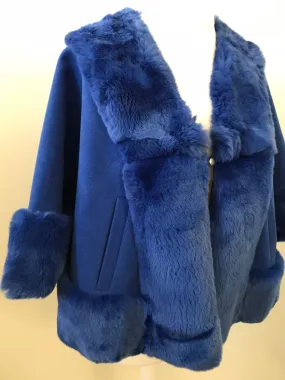 Royal Blue Women Winter Coat Cape Trim Rabbit Fur, Winter Women's Poncho Jacket lined, Warm Elegant Women's coat